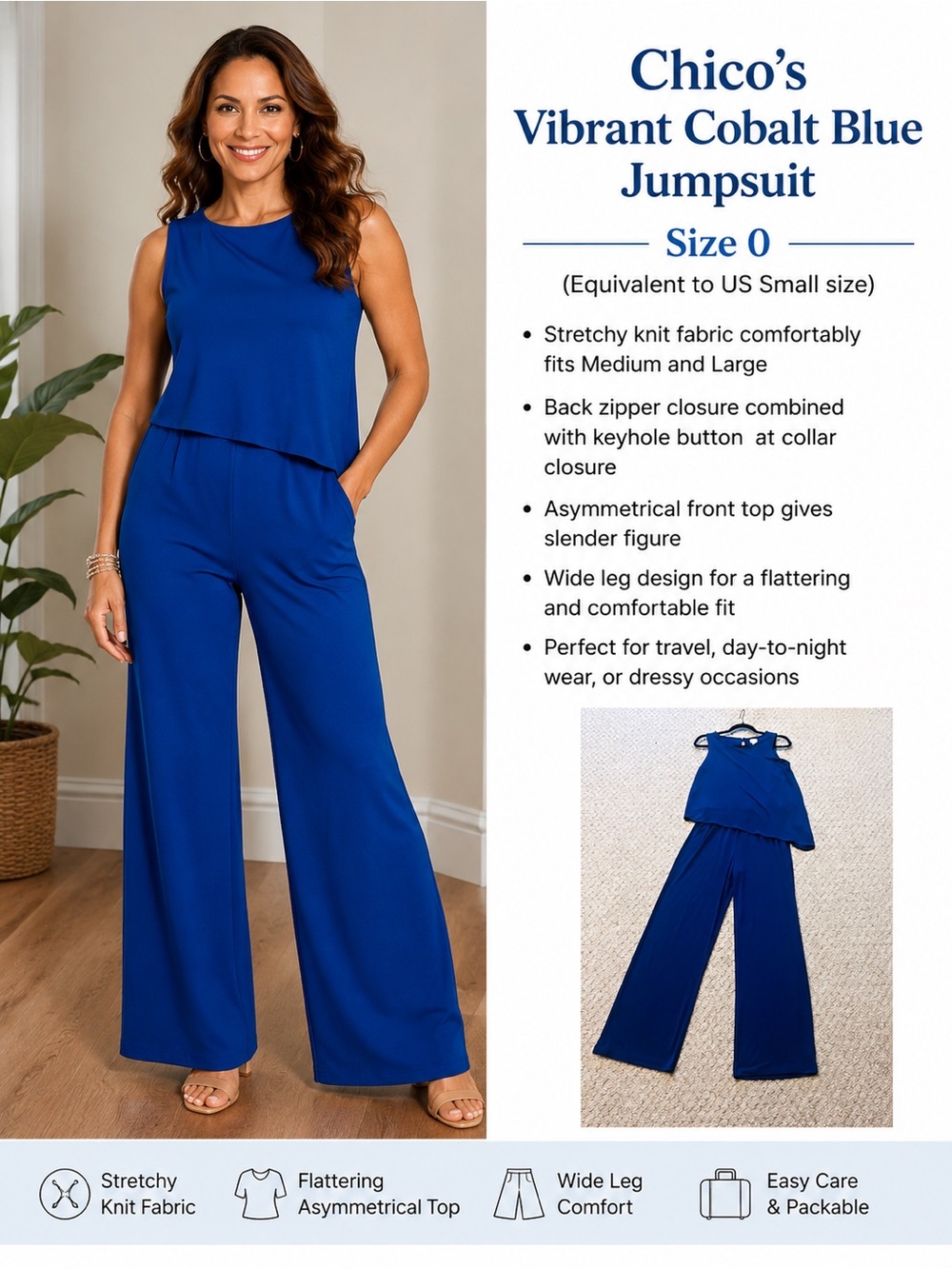 Chico's Cobalt Blue Sleeveless Wide-Leg Jumpsuit